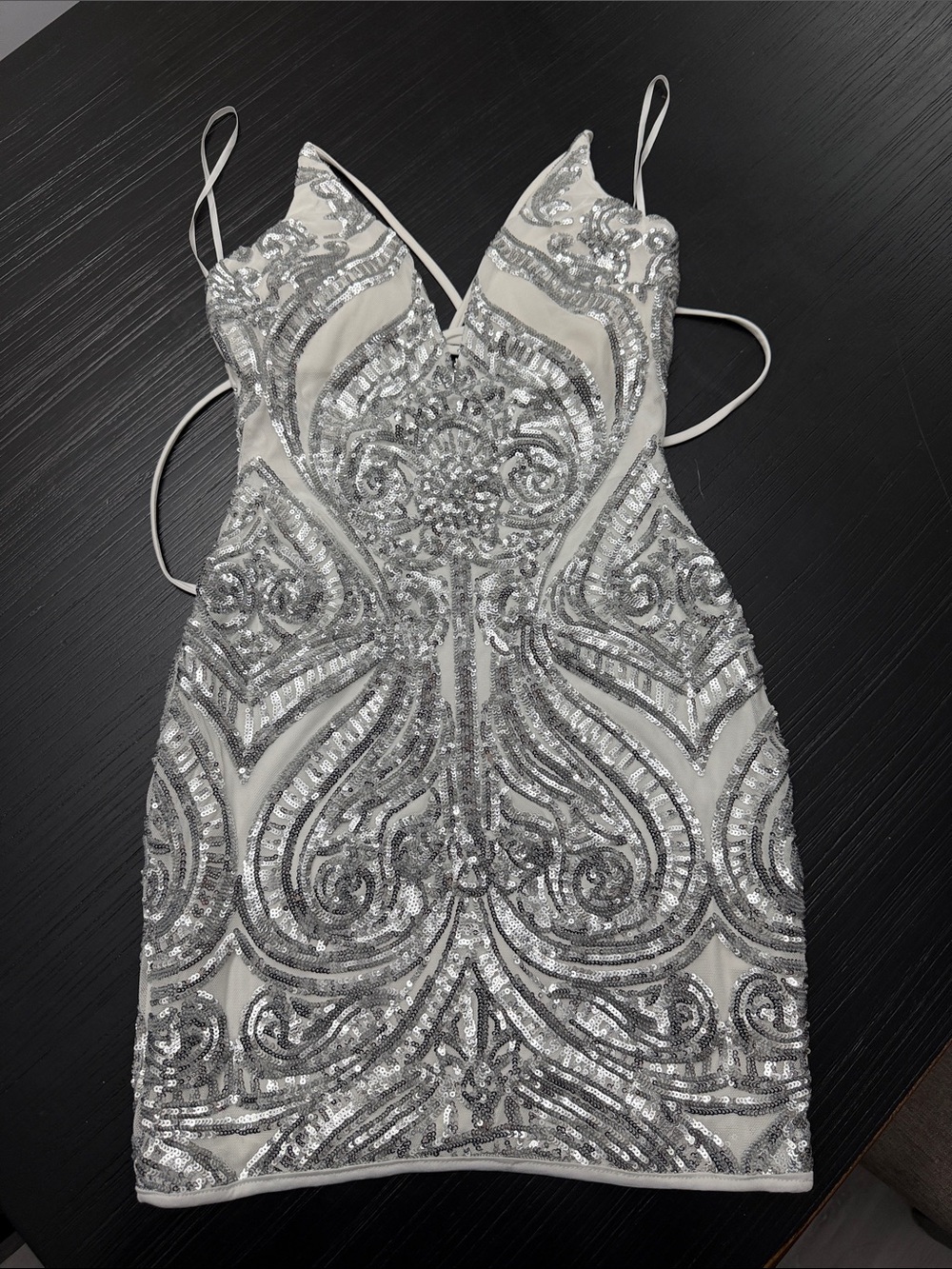 Embellished Silver Sequin Mini Dress with V-Neck